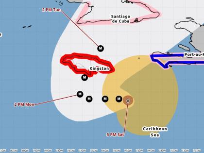 The cone from the United States' National Hurricane Centre contains the probable path of the centre of Hurricane Melissa at 4 p.m on October 25, 2025. It does not show
the size of the storm. Hazardous conditions can occur outside of the cone.