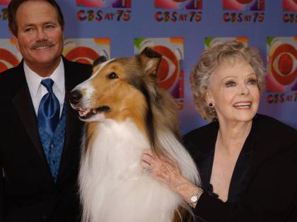 June Lockhart (right), who played the character of Ruth Martin, mother of Timmy Martin, played by Jon Provost (left), during the classic series ‘Lassie’, poses for a photograph with Lassie, 9th generation, during arrivals at CBS’s 75th anniversary ce