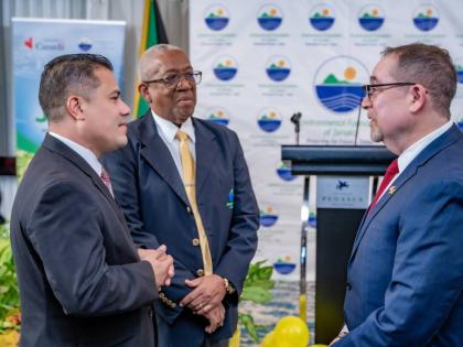 From left: Matthew Samuda, minister of water, environment and climate change; Professor Dale Webber, chairman of the Environmental Foundation of Jamaica; and Mark Berman, high commissioner of Canada to Jamaica, in discussion at the recent launch event for 