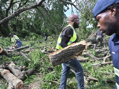 A  work crew clearing downed trees and other debris from a section of the Mandela Highway in St Catherine on October 29, following the passage of Hurricane Melissa the day before. 