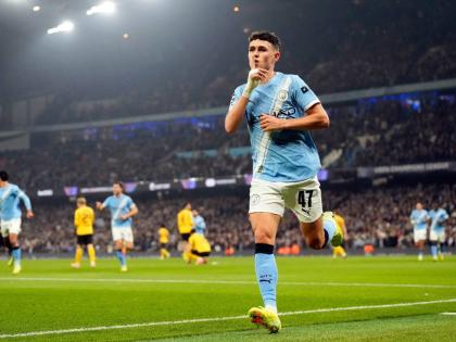 Manchester City’s Phil Foden celebrates scoring the opening goal during the Champions League opening phase match against Borussia Dortmund on Wednesday, November 5, 2025 in Manchester, England.