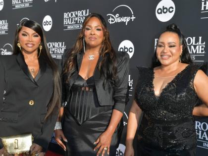 From left, Sandra Denton, DJ Spinderella and Cheryl James of Salt-N-Pepa arrive at the 2025 Rock and Roll Hall of Fame induction ceremony.