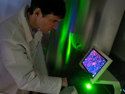 Dr William Ambler, a translational research scholar who studies how biological sex affects the risk of autoimmune diseases, looks at cells under a microscope in the lab where he works at the National Institutes of Health in Bethesda, Maryland.