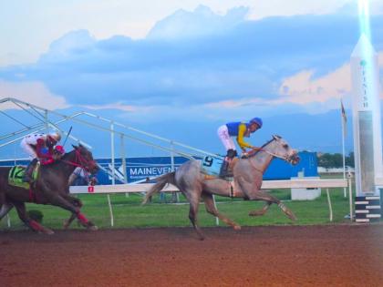 MOJITO (right), ridden by Raddesh Roman,  wins the Jamaica Cup ahead of  GIRVANO (Tevin Foster) at Caymanas Park yesterday.