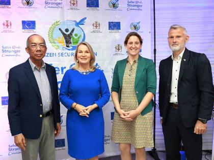 From left: Minister of National Security and Peace Dr Horace Chang; Ambassador of the  European Union to Jamaica, Dr Erja Askola; Ambassador of France to Jamaica, Marianne Ziss; and Ambassador of Germany to Jamaica,  Hendrik Van Thiel, share lens after at