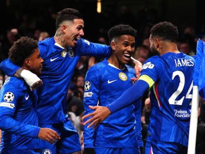 Chelsea’s Estevao (second right) celebrates with his teammates after scoring his side’s second goal during the Champions League opening phase football match against Barcelona in London, England yesterday.
