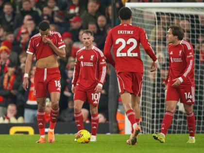 From left: Liverpool’s Cody Gakpo, Alexis Mac Allister, Hugo Ekitike, Federico Chiesa react after Nottingham Forest’s Morgan Gibbs-White scored his side’s third goal during the English Premier League football match against Nottingham Forest in Liverp