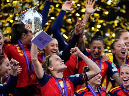 Spain’s team captain Irene Paredes lifts the Women’s Nations League trophy after winning beating Germany 3-0 in Madrid yesterday.