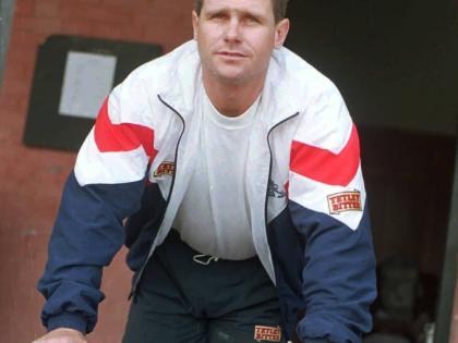 England batsman Robin Smith stands on the balcony of Aitcheson College ground pavilion in Lahore, on February 8, 1996.