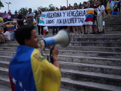 Members of Venezuela’s Opposition demonstrate ahead of the Nobel Peace Prize ceremony where Venezuelan María Corina Machado is among this year’s laureates, in Buenos Aires, Argentina.