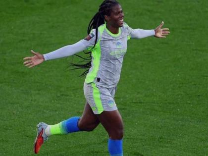 Khadija Shaw celebrates after scoring against Leicester City in the Women’s Super League.