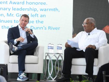 Executive Chairman of Sandals Resorts International Adam Stewart (left) responds to questions posed by Unique Vacations’ Executive Vice-President of Sales and Industry Relations, Gary Sadler, during the Sandals ‘Back to Jamaica’ forum on Friday at Sa