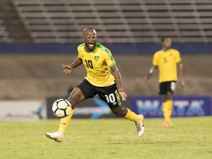 Jamaica’s Javon East reacts to a call by the referee in a Concacaf Nations League game against Aruba at The National Stadium in Kingston, Jamaica, on October 12, 2019.