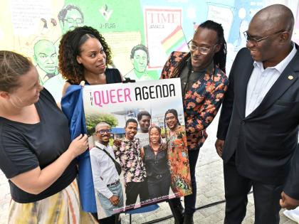 
Looking at the Queer Agenda after its unveiling are (from left) Belgian Ambassador Ellen De Geest; Louise McCollin, head of political affairs and communications of the British High Commission; Glenroy Murray, executive director of Equality for All Foundat