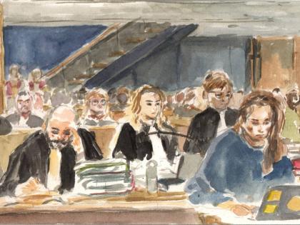 This courthouse sketch provided by TRIAL international dated Dec. 3, 2025, shows Me Henri Thulliez, left, lawyer for the plaintiffs in Paris during the trial of former Congolese rebel leader Roger Lumbala, who received a 30- year sentence over atrocities c