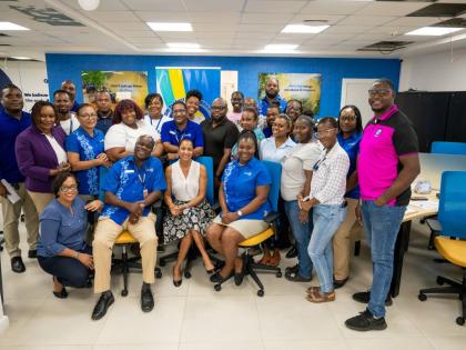 Tourism Product Development Company (TPDCo)Training Manager for the Western Region, Megan Mollison (left, front row), is pictured with Clinical Director at Dr. K.A.D. Morgan & Associates, Verol Billett (fifth left, second row); Managing Director of Amstar 