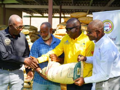 President of the Jamaica Coffee Growers Association, Donald Salmon (left), shares a handshake with Dr Norman Grant (second right), president of the Jamaica Coffee Exporters Association, while Wayne Hunter (right), acting director general for the Jamaica Ag