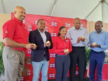 Agriculture and Fisheries Minister Floyd Green (second left), flanked by (from left) HI‑Pro Vice-President Jaimie Ogilvie, farm store manager Sherrae Wong‑Black, Michael Pryce, chairman of the Ministry of Agriculture’s Hurricane Melissa Recovery Task