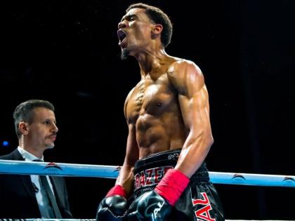 Joshua Frazer celebrates the third-round knockout of Petr Brodsky on November 24, 2024.