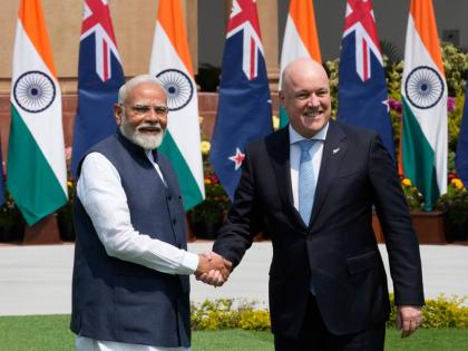 Indian Prime Minister Narendra Modi, left, greets visiting New Zealand Prime Minister Christopher Luxon before their meeting in New Delhi, India, Monday, March 2025. (AP Photo)