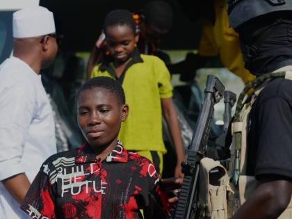 Freed students of St Mary's Catholic School in the Papiri community, upon their arrival at the government house, in Minna, Nigeria, Monday, December 22, 2025. (AP Photo/Sunday Alamba)