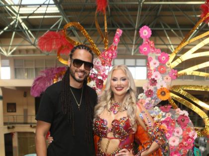 Reggae artiste Skygrass poses with his fiancée, Nicole Arbour, at the Yard Mas Carnival 2026 Galleria hybrid costume presentation, held at Palace Cineplex, Sovereign Centre in St Andrew. The pair are currently filming a reality-style docuseries with US-ba