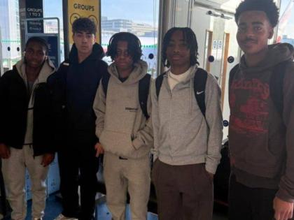 United Kingdom-based Trinidad and Tobago players before leaving London on December 19. From left: Kayden Bancey, Archie Lovatt, Jashaun Christmas, Tate Ormonde and Eden Ormonde. 