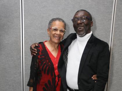 Fae Ellington and Owen ‘Blakka’ Ellis pose backstage during Christmas Comedy Cook-Up, where Ellington presented a citation to Ellis for his contribution to Jamaican stand-up comedy. 