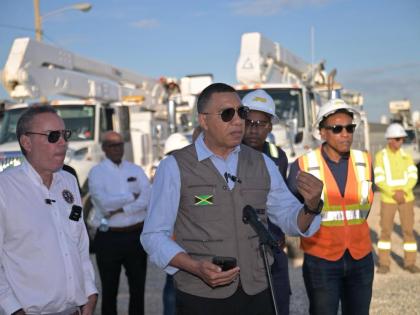 Prime Minister Dr Andrew Holness speaking at a ceremony on January 2, 2026 for the arrival of 150 specialised trucks to be deployed by the Jamaica Public Service for Hurricane Melissa electricity restoration.