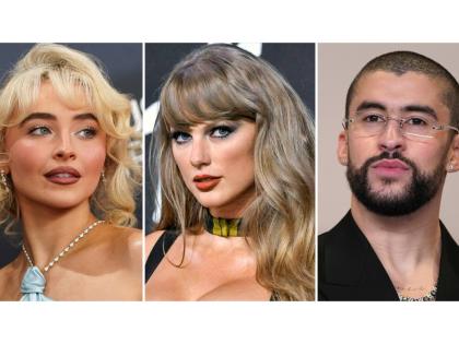 This combination of photos shows Sabrina Carpenter (left), Taylor Swift and Bad Bunny. 