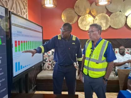 Jamaica Public Service President and CEO Hugh Grant (left) and Minister of Science, Energy, Telecommunications and Transport Daryl Vaz (right) at the JPS Incident Command Centre in Westmoreland, during a tour on post-Hurricane Melissa restoration efforts
