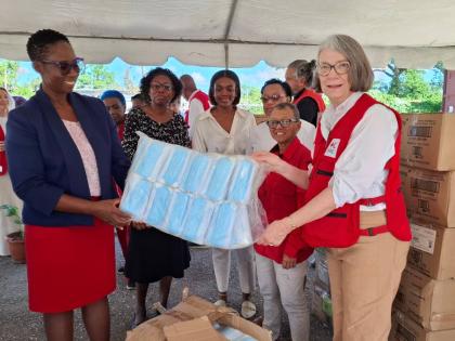 Novlin Leslie Little (left), parish manager for the Westmoreland Public Health Services; and  Kate Forbes (right), president, International Federation of Red Cross and Red Crescent Societies, display donated flu supplies while looking on are (from second l