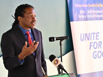 Damion Crawford, opposition spokesman on education, addressing the Rotary Club of Kingston luncheon meeting at The Summit House in New Kingston on Thursday.