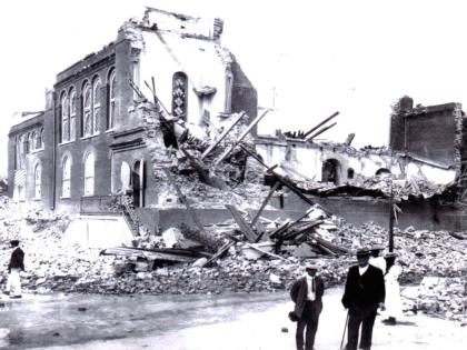 This photo shows ruins of Holy Trinity Cathedral damaged by 1907 Kingston earthquake. 