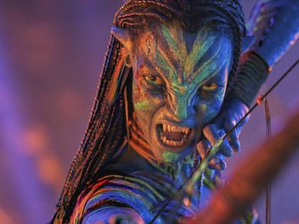 This image released by Disney shows Neytiri, performed by Zoe Saldana, in a scene from Avatar: Fire and Ash’. 