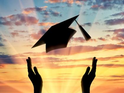 Hands graduate cap throw up into sky sunset