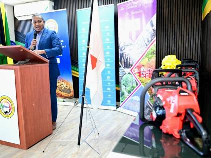 Minister of Agriculture, Fisheries and Mining, Floyd Green, looks at the professional-grade chainsaws (foreground) provided through a United Nations Industrial Development Organization (UNIDO) project, funded by the Government of Japan, during a handover c
