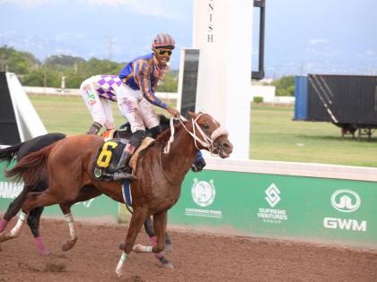 
Jockey Raddesh Roman (right) reacts after his mount, FERNANDO, nips ahead of the field to steal the Rimsky Trophy over six furlongs at Caymanas Park yesterday.