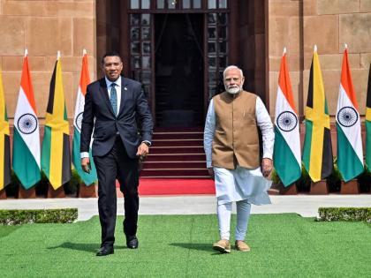 In this October 2024 photo Indian Prime Minister Narendra Modi (right) is seen with Andrew Holness, prime minister of Jamaica, at Hyderabad House, New Delhi during Holness’ visit to India. 