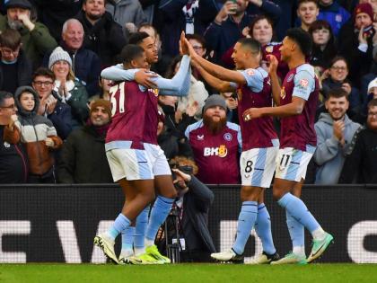 Aston Villa’s Leon Bailey (left) in happier times as he celebrates with teammates after scoring his side’s fourth goal during the English Premier League football match against Nottingham Forest at Villa Park in Birmingham, England, on Saturday, Februar