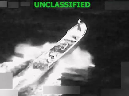 This image from video provided by US South Command, shows a vessel accused of trafficking drugs in the eastern Pacific Ocean shortly before it was destroyed by the US military, killing two and injuring one, on January 23, 2026. (U.S. Southern Command via A