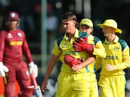 Australia Under-19s (right) celebrate a West Indies wicket during the ICC Men’s Under-19 Cricet World Cup in Harrare, Zimbabwe yesterday.