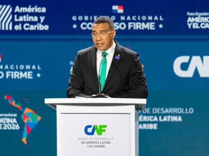 Prime Minister Dr Andrew Holness speaking at CAF investment forum in Panama City.