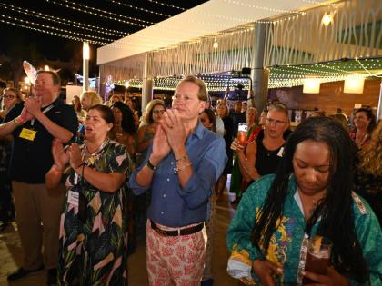 Several travel advisers listening attentively during a special welcome dinner for Apple Leisure Group (ALG) at RIU Montego Bay in St James on Saturday.