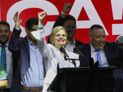 Presidential candidate Laura Fernández addresses supporters after polls closed in San Jose, Costa Rica on February 1, 2026. 
