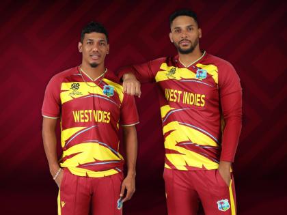 West Indies players Gudakesh Motie (left) and Brandon King sport their new kits, courtesy of a partnership with apparel brand Macron.