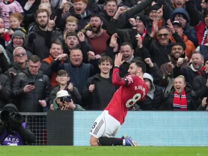 AP 
Manchester United’s Bruno Fernandes celebrates after scoring during the English Premier League football match against Tottenham in Manchester, England, yesterday.