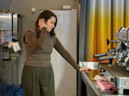 Co-founder of a café, Yana Bilym, 33, reacts in her inactive café because of Russia’s air attacks on the country’s energy system.