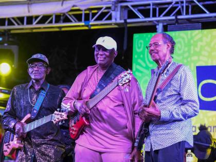 From left: Lloyd Parks, Jackie Jackson and Boris Gardner on stage after performing at JaRIA’s Reggae Wednesdays held at the Edna Manley College in Kingston.