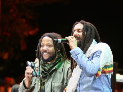 Brothers Stephen (left) and Julian Marley celebrate their father’s birthday on February 6 at Emancipation Park in New Kingston.
